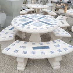 Concrete Mosaic Picnic Table with 3 Benches/ Outdoor Patio Furniture