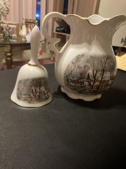  REDUCED VINTAGE CURRIER & IVES PITCHER & BELL