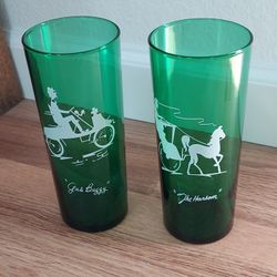22 Anchor Hocking Green Tumblers "Gas Buggy" & "The Hansom"