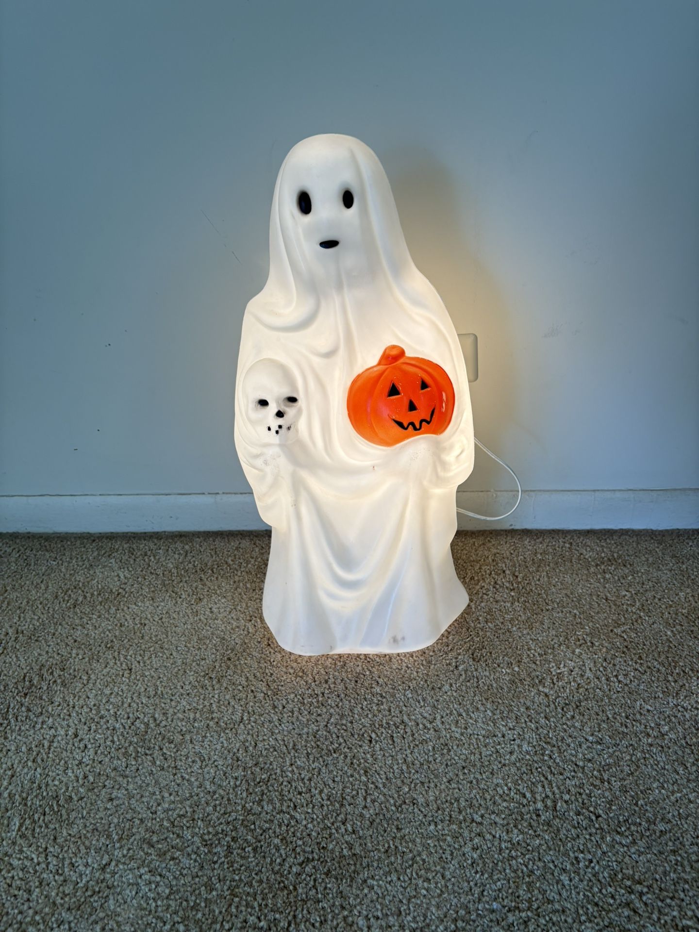 Vintage Ghost Holding Pumpkin & Skull