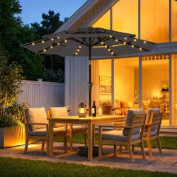 NEW HOMSHADE 9 Feet Diameter 3 Tier Vented Solar 32 LED Light Market Patio Umbrella Tilt Crank Fade Resistant Fabric Gray Or Red 