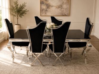 7-Piece Black Glass and Chrome Dining Set with 6 Black Velvet Chairs