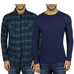 JACHS New York 2 Pack Men's Waffle Thermal & Flannel Shirt , Green Plaid

