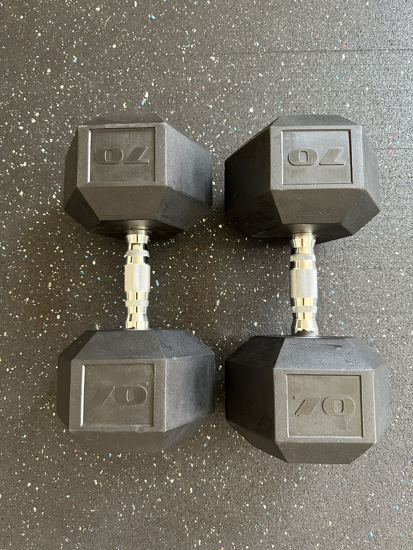 Pair of 70lb Rubber Hex Dumbbells