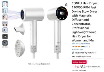 CONFU Hair Dryer, 110000 RPM Fast Drying Blow Dryer with Magnetic Diffuser and Concentrator, Professional Lightweight Ionic Hair Dryer
