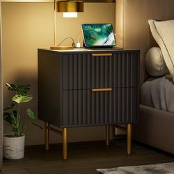 Nightstand with Charging Station, Side Table with 2 Drawers, Fluted End Table with Gold Metal Legs & Handle, Bedside Table with Wide Tabletop, Night S