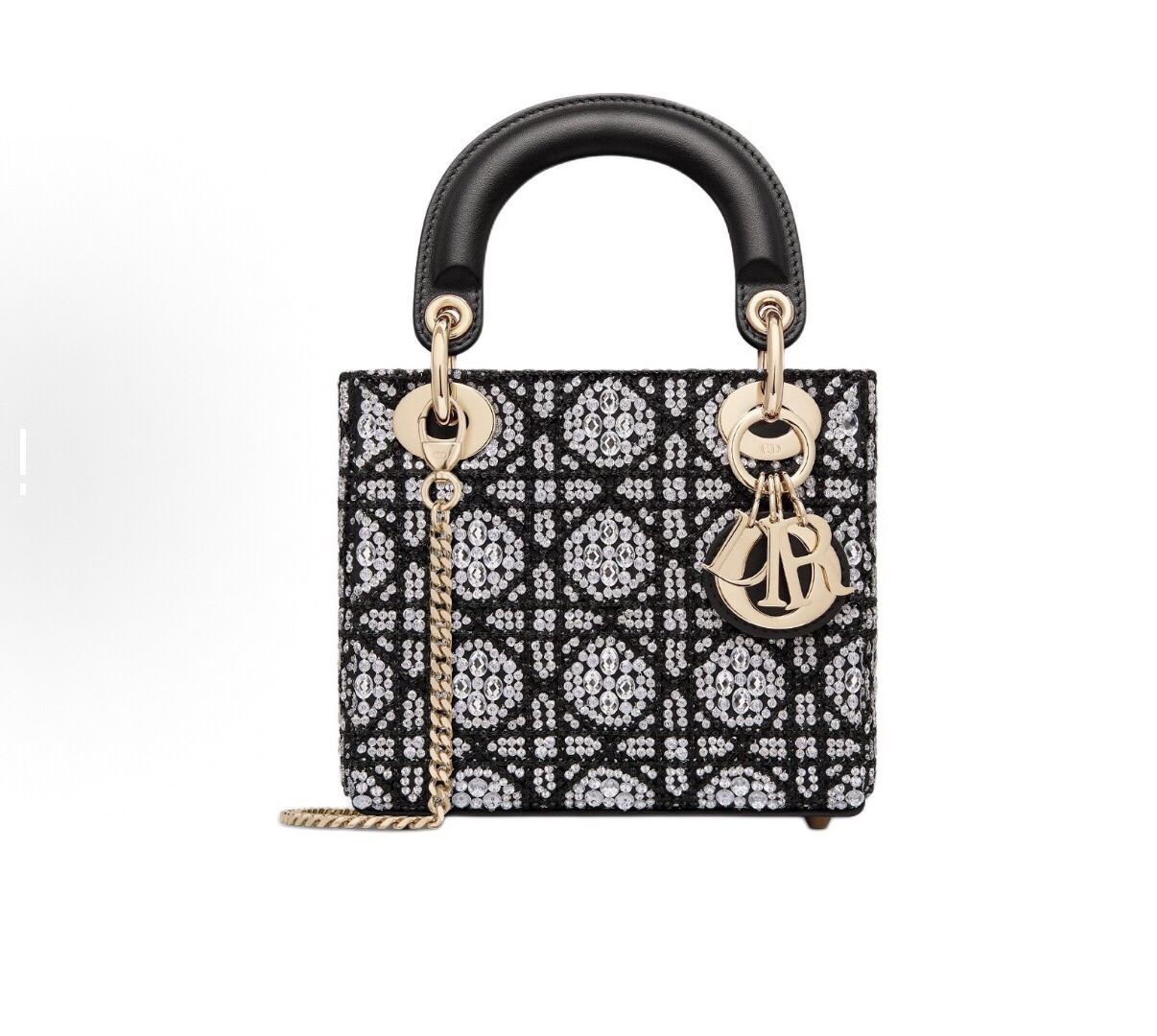 Dior Lady Dior brand logo rattan plaid embroidery beaded silver rhinestone cotton one-shoulder handbag mini women's black(49)87