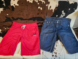 True Religion men's shorts,  a red jogger pair, and a blue denim