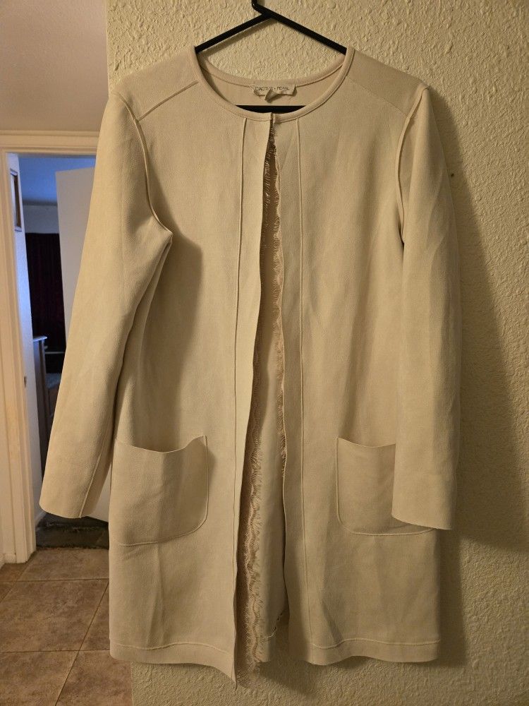 Cream Cactus Pearl long cardigan with lace trim