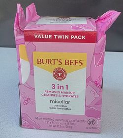 Burt's Bees Micellar & Rose Water 3-in-1 Makeup Removing and Cleansing Wipes, 60 Count (2-Pack)