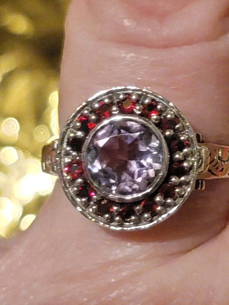 Beautiful Solid 925 Sterling Silver Poison Ring. Has A Natural Purple Amethyst And Red Rubys All Around It And The Top Part Of The Ring Opens Up Size