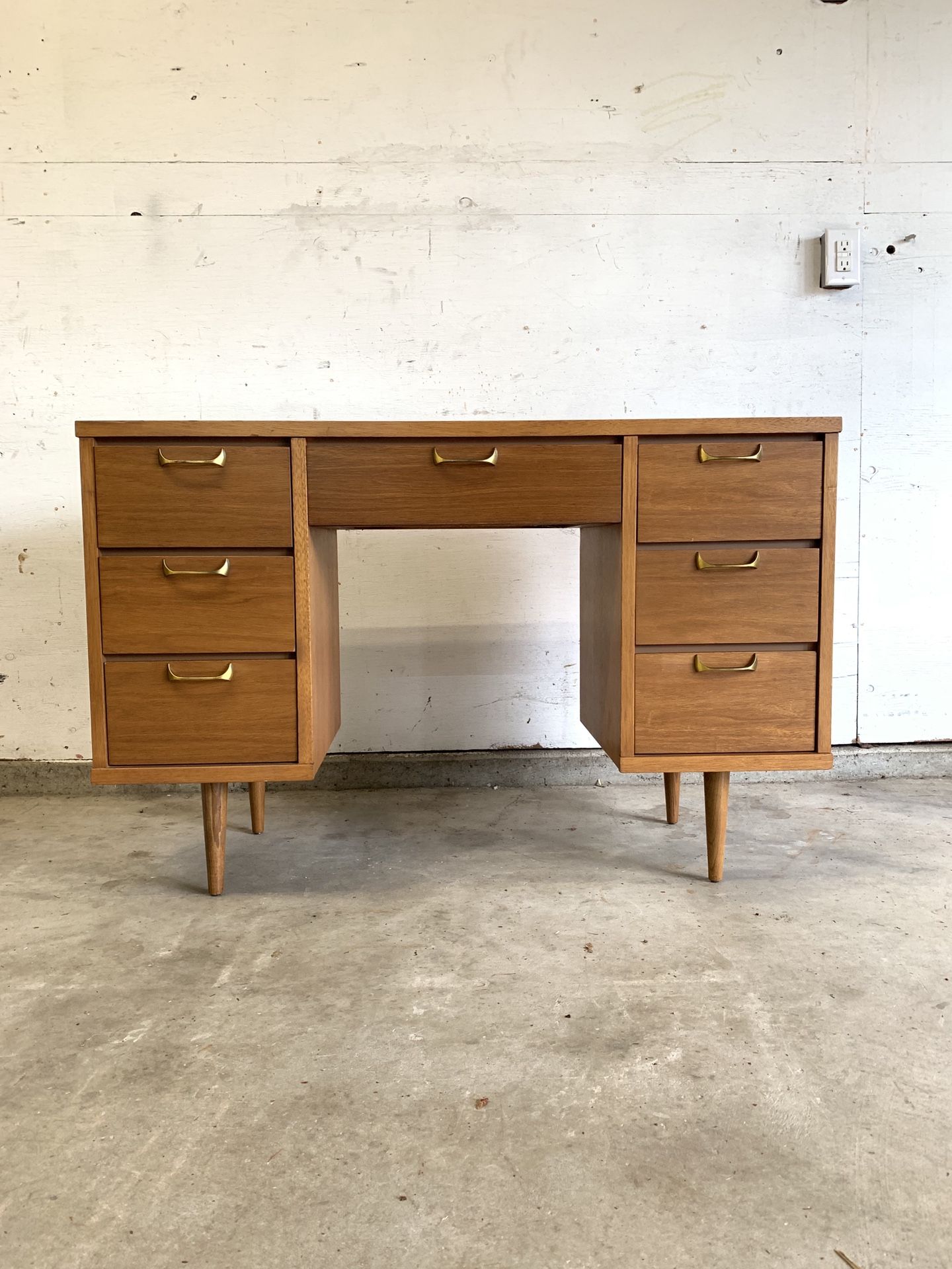 Vintage Mid-Century Modern Desk With Brass Handles