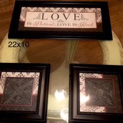 3 Pc Framed Wall Decor Large frame 23in wide & 2 small frames 11x11 