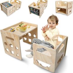
2 in 1 Montessori Weaning Table and Chair Set, Wooden Toddler Table and Chair Set with Blackboards, Adjustable Height Chair Step Stool,1-3 Year Old K