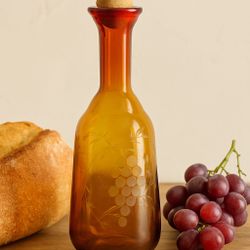 Empoli Italy Vintage 1970s Amber Glass Etched Grapes Decanter, 2.5x10”