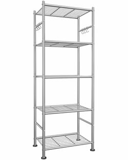 Sakugi Storage Shelves - 5-Tier Large Capacity Shelf Organizer with Hooks, Heavy-Duty Garage Shelving with Leveling Feet, Wobble-Free Rack for Bedroom