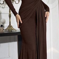 Women’s Chocolate Brown  twist design long sleeve evening dress