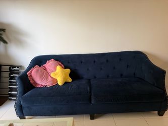 Navy Blue Tufted Velvet Sofa with Nailhead Trim