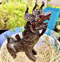 17.5” Vintage Thai Foo Dog Wooden Carved Embellished Colourful Decor: 12”W x 5”D x 17.5”H