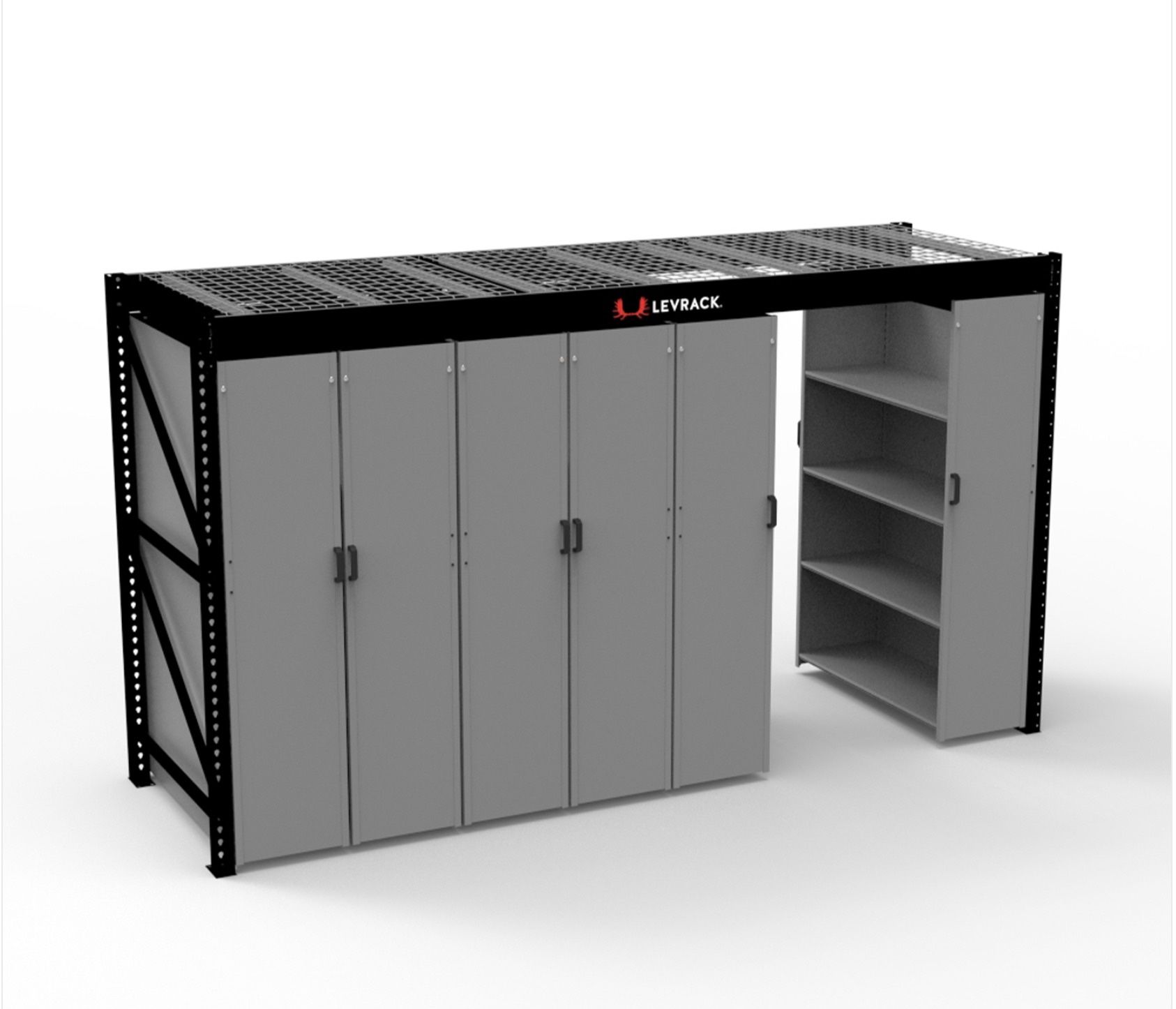 Levrack garage and warehouse storage shelf plus workbench and top pallet shelf