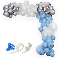 HPWF Baby Shower Decorations for Boy 137 Pcs Baby Blue Balloon Arch Kit White Metallic Silver Balloons 4D Silver Foil Balloons for Elephant Baby Showe