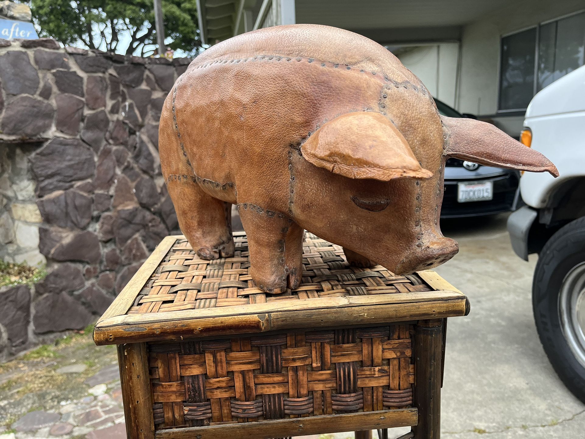 Vintage Leather Pig Footstool Footrest