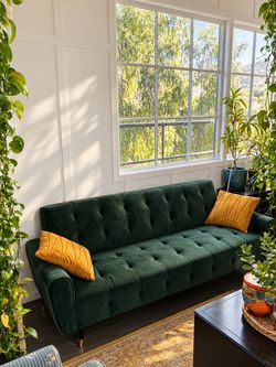 Green Velvet Tufted Sofa bed with Gold Legs