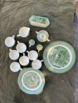 Colonial Homestead Green Transferware Dinnerware Set