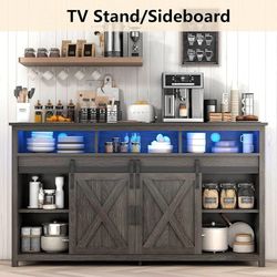 57" LED Farmhouse TV Stand for 65/60/55 Inch TVs,Tall Entertainment Center Storage Cabinets w/Power Outlets and Sliding Barn Door,Rustic TV Stands for