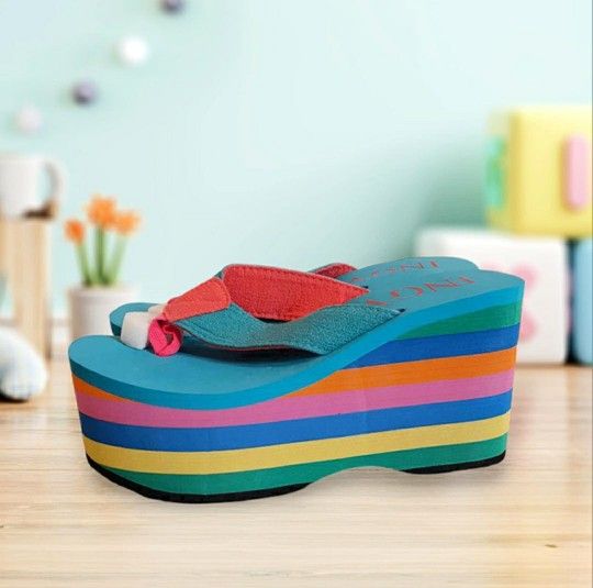 Womens Casual High Wedge Heel Platform Beach Rainbow Flip Flops Sandals (Size 6) $40 Oh Best Offer