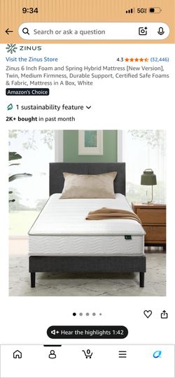 Twin Bed Set: 6" Zinus Mattress & 12" Metal Frame