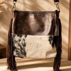 Fringe Hill Cowhide Leather Crossbody – Western Fringe Bag