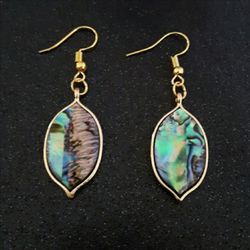 Gold abalone shell leaf dangle earrings new