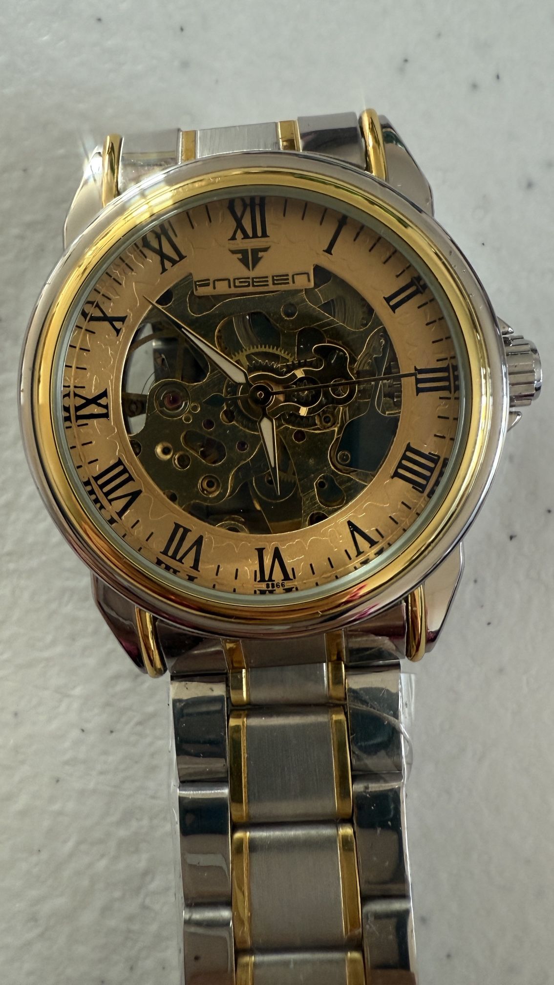 BRAND NEW FNGEEN Automatic Skeleton Men’s Watch – Gold/Silver Stainless Steel