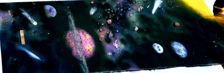 Space art painting with 3d parts on five foot wooden plank