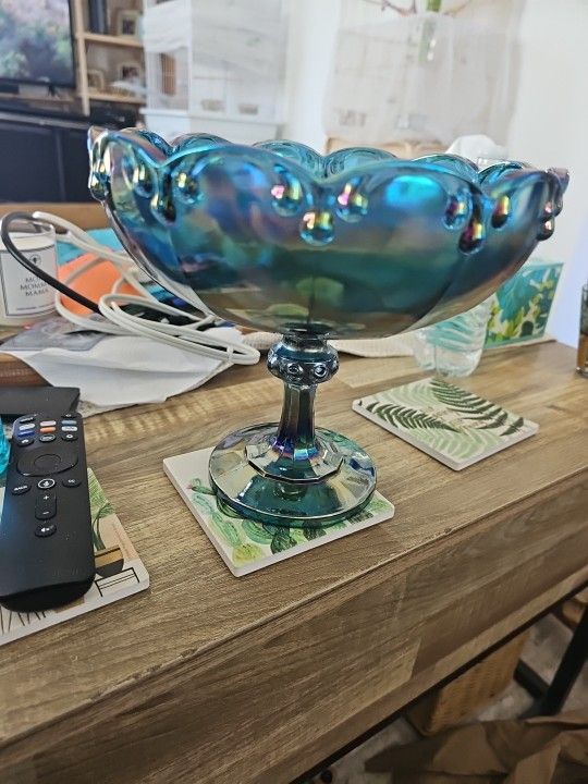 Indiana Glass Garland Blue Bowl Iridescent Compote Pedestal Fruit Bowl