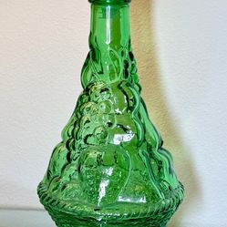 Vintage Italian Green Glass Decanter w/ Stopper – Grape/Fruit Basket Motif – 14.5”