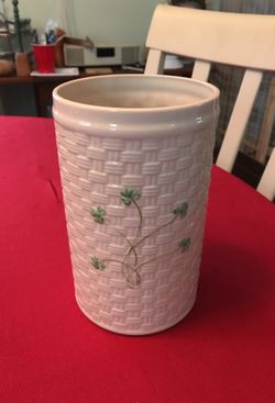 Belleek basketweave Utensil Holder 8” tall by 5” diameter appx.