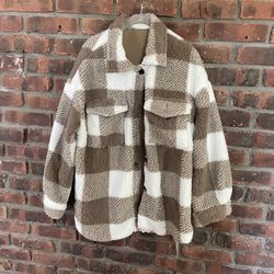 Halara Collared Button Chest Pocket Long Sleeve Curved Hem Color Block Casual Sherpa Jacket - NWT