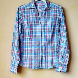 Designer Italy   Cotton Plaid Button Down  Collared Top  Shirt Women's Size M Medium   Tee T Blouse 