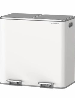 Trash Can, 2 x 10.6 Gallon (2 x 40 L) Garbage Can for Kitchen, with 15 Trash Bags, 2 Compartments, Plastic Inner Buckets and Hinged Lids, Airtight, Wh
