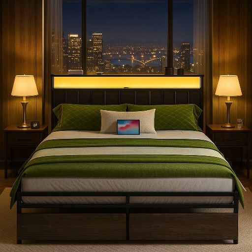 Full Bed Frame with 2-Tier Storage & Leather Upholstered & Charging Station Headboard, Easy Assembly, Noise Free, No Box Spring Needed