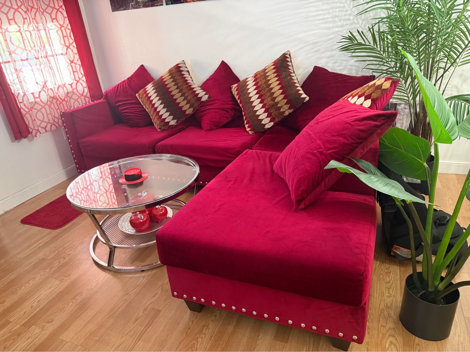 L shaped burgundy couch