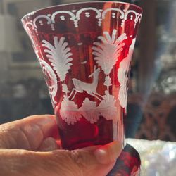 Antique Czechoslovakian  cranberry etched  crystal vase