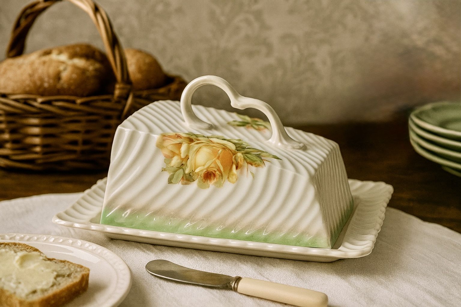 Otto Grunert OG Germany Antique 1900s Porcelain Covered Butter Dish, 8x6x4.5” REPAIRED