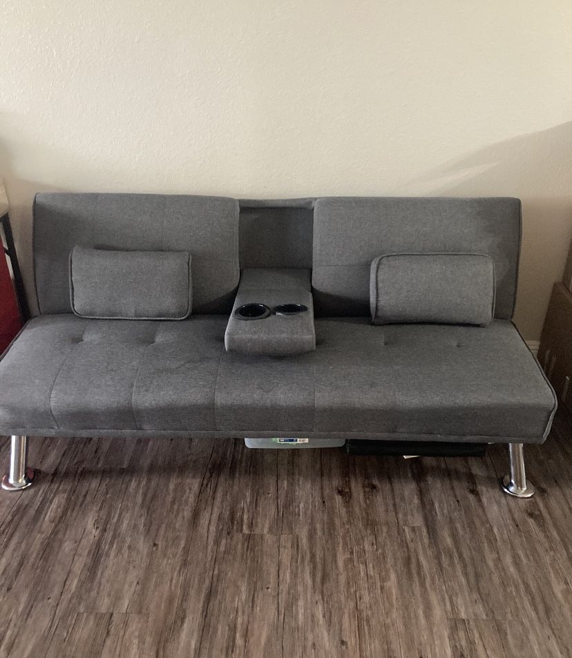 Folding Convertible Sofa Bed, Pullout Sofa with center drink console and arm rests.