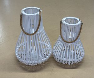 Set of 2 White Bamboo Lanterns with Rope Handles