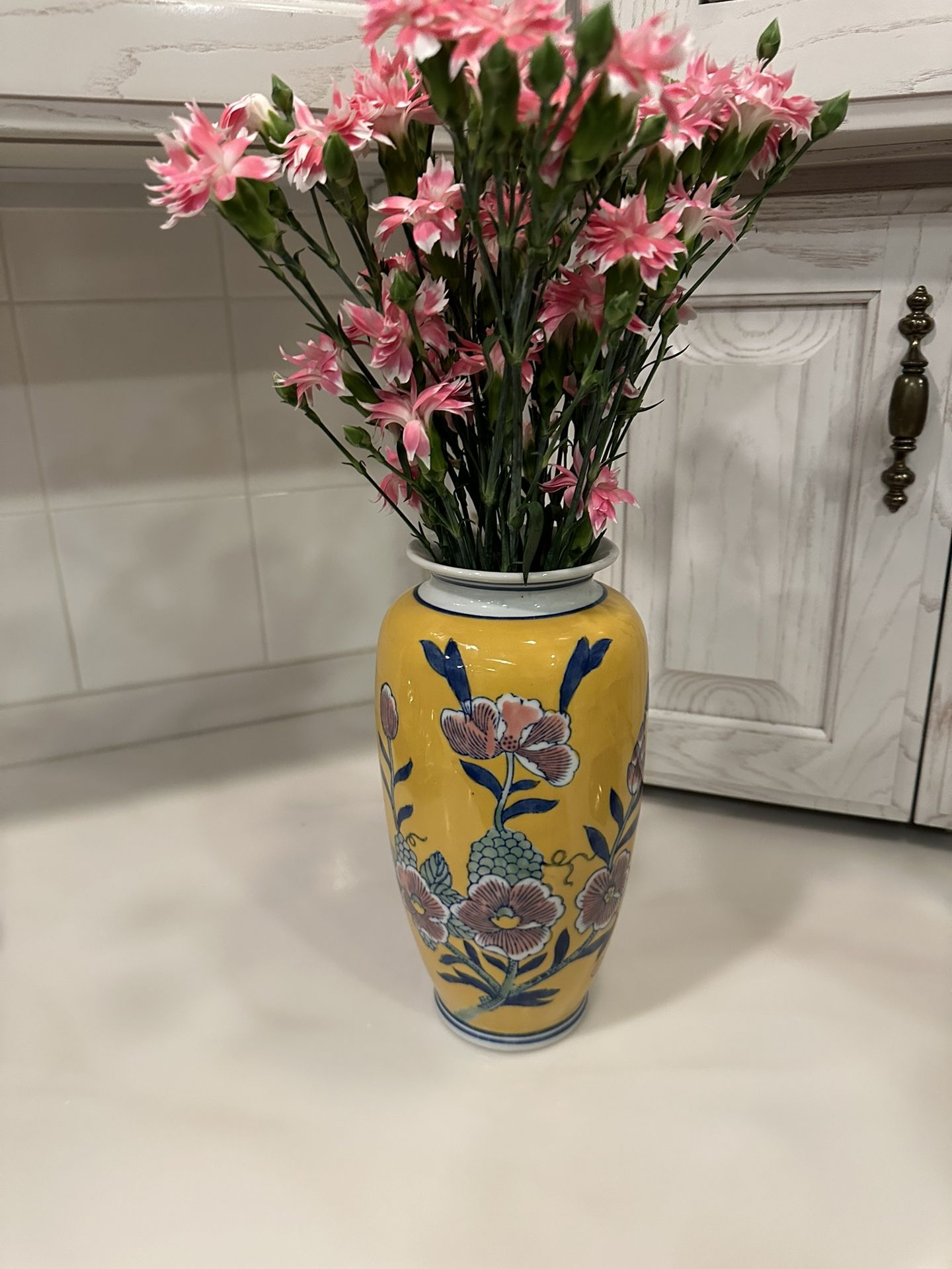 Vintage Canary Yellow Chinoiserie Porcelain Floral Vase