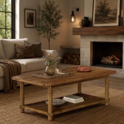 47 in. Brown Rectangle Solid Wood Coffee Table Low Cocktail Tea Desk Modern Industrial Living Room 2-Tier Storage