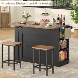 Kitchen Storage Island with 2 Stools, 51” Mobile Kitchen Cart with Drop Leaf & Power Outlet, Rolling Island Table Dining Room Buffet with 2 Drawers & 